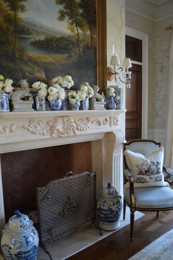 blue and white mantel in living room