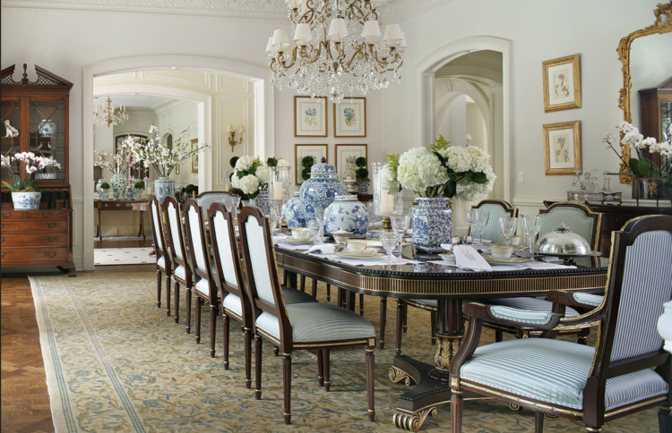 blue and white dining room