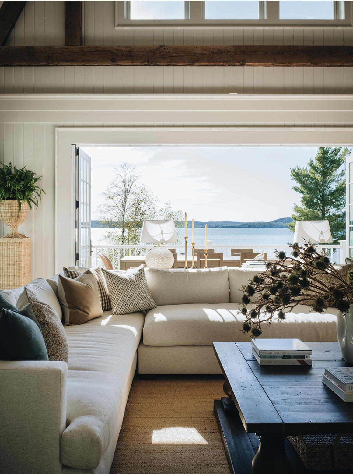 Sectional sofa with lake view -Jean Stoffer Design Stoffer Photography Interiors