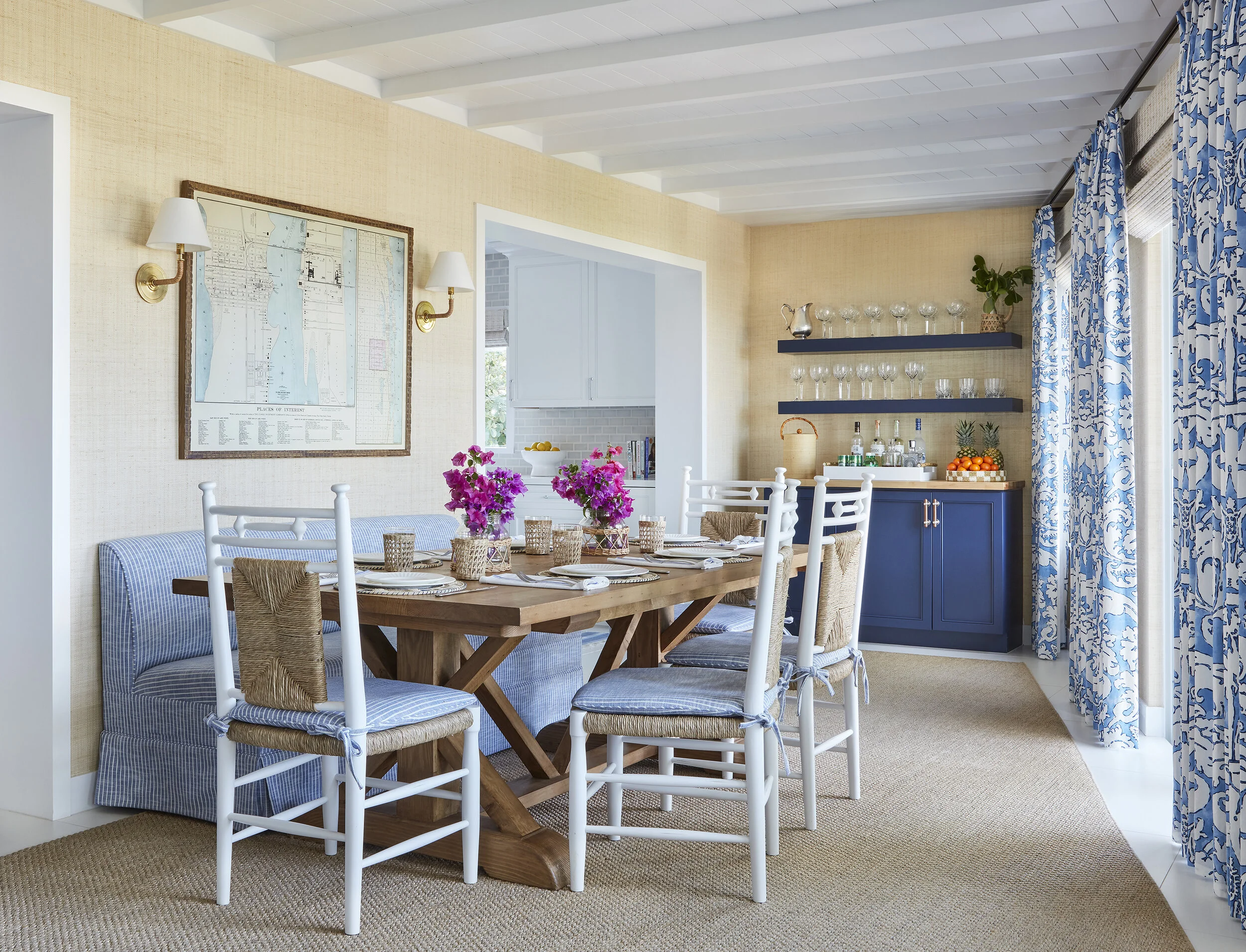 Kara Miller Interiors | Brantley Photography - blue banquette in charming dining nook