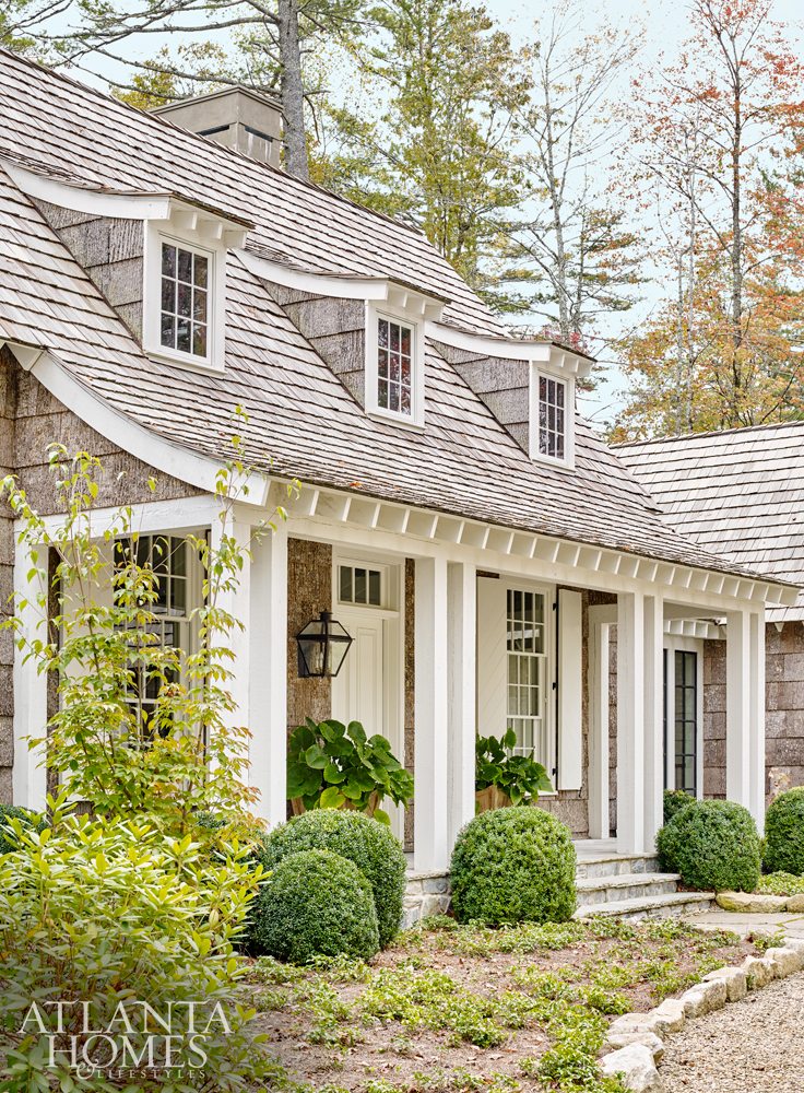 Blue Ridge Mountains House.Architect D. Stanley Dixon | Interiors: Heather Dewberry | Source: Atlanta Homes & Lifestyles Photography: Emily Followill | curb appeal | shingles | dormers | boxwoods | exterior | architect | architecture | Blue Ridge Mountains | blog post