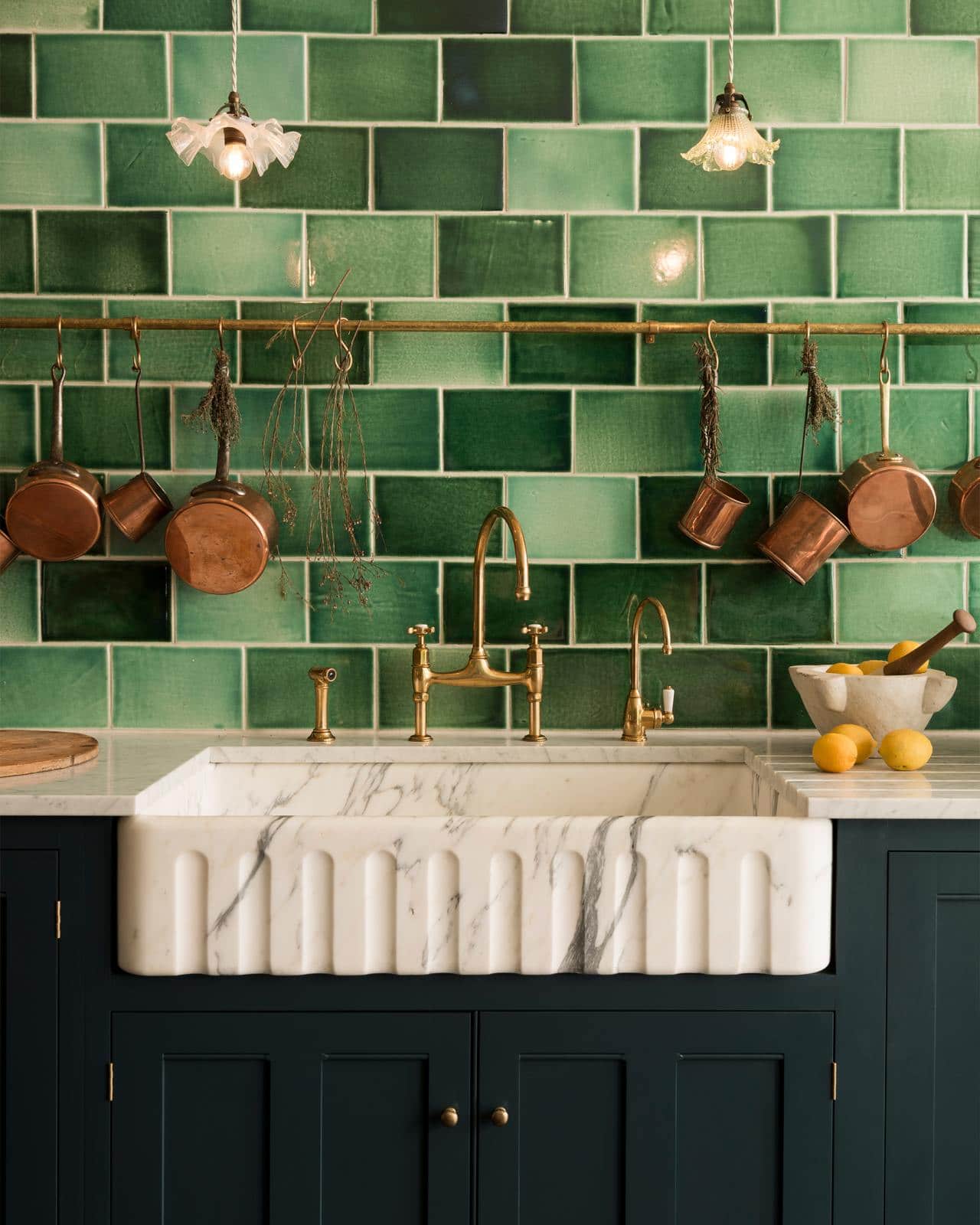 DeVol Kitchen design - pot rack - kitchen remodel - kitchen tile - marble sink