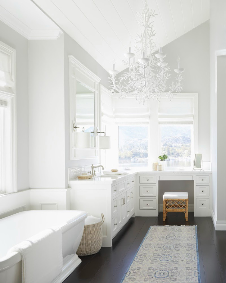 Serena & Lily Spring Collection bathroom with white chandelier