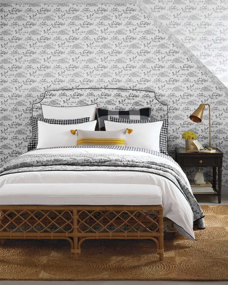 Serena & Lily Spring Collection bedroom in black and white