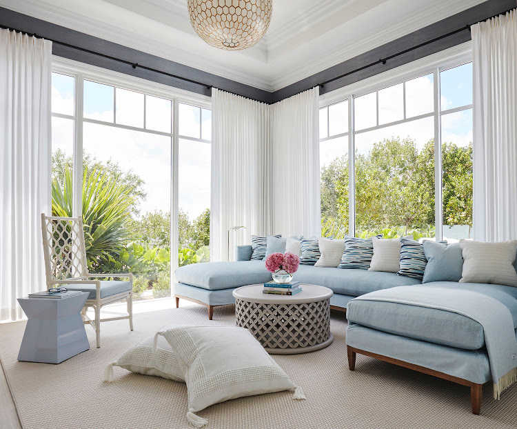Blue and white living room  Kara Hebert Interiors