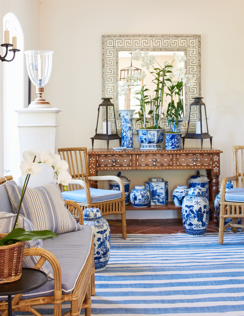 Montecito house tour by Mark Sikes living room in blue and white