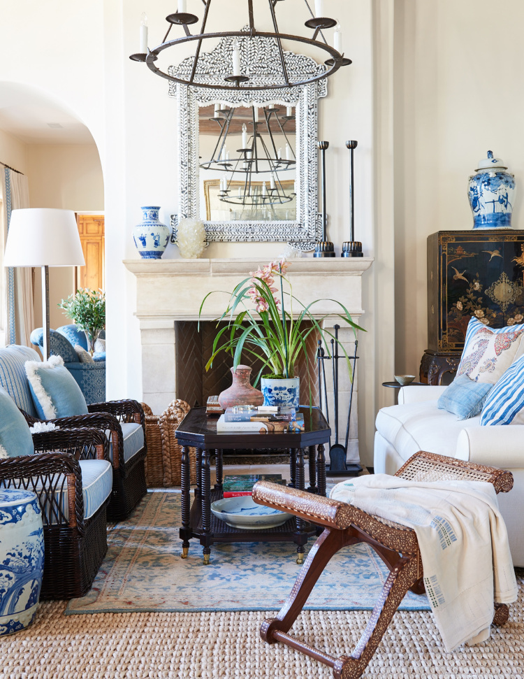 Montecito house tour by Mark Sikes living room in blue and white