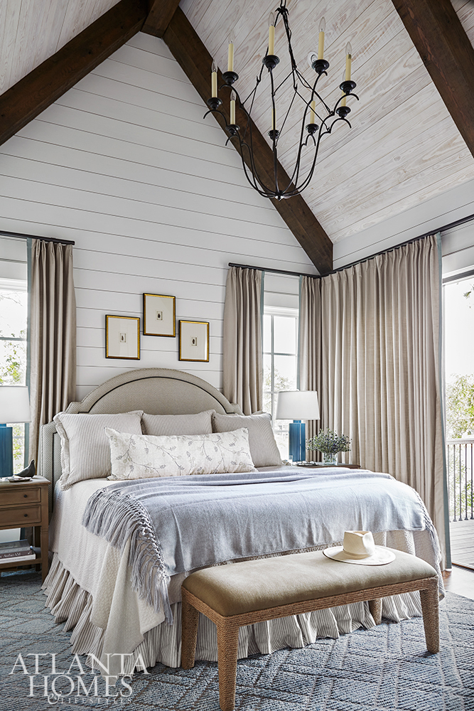 Lake Martin lake house designed by Liz Williams bedroom with cathedral ceiling