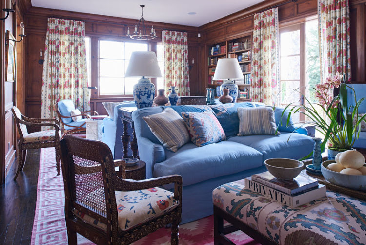 Montecito house tour by Mark Sikes family room in blue and white
