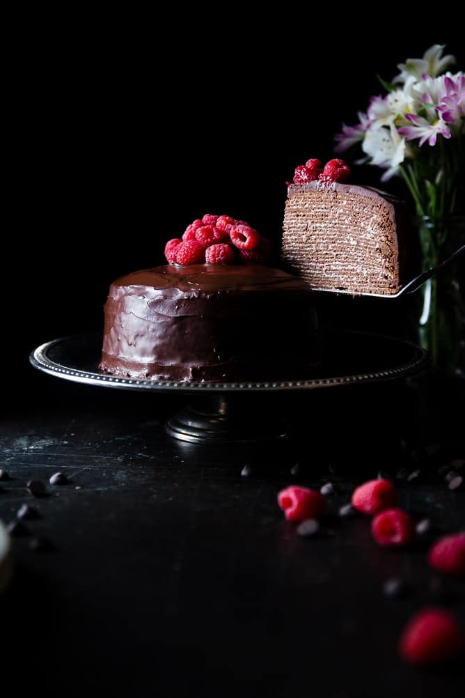 Desserts: Chocolate Vegan Crepe Cake with Raspberries Recipe