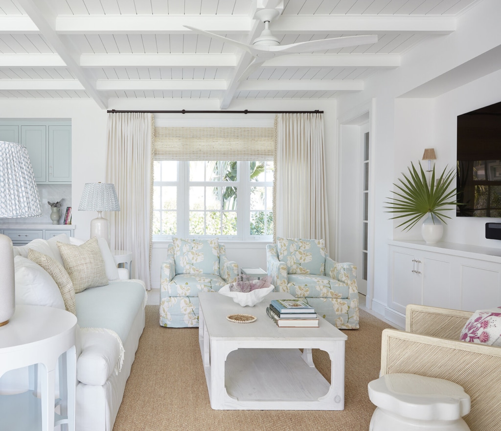 Kara Miller designed beach house with blue and white living room