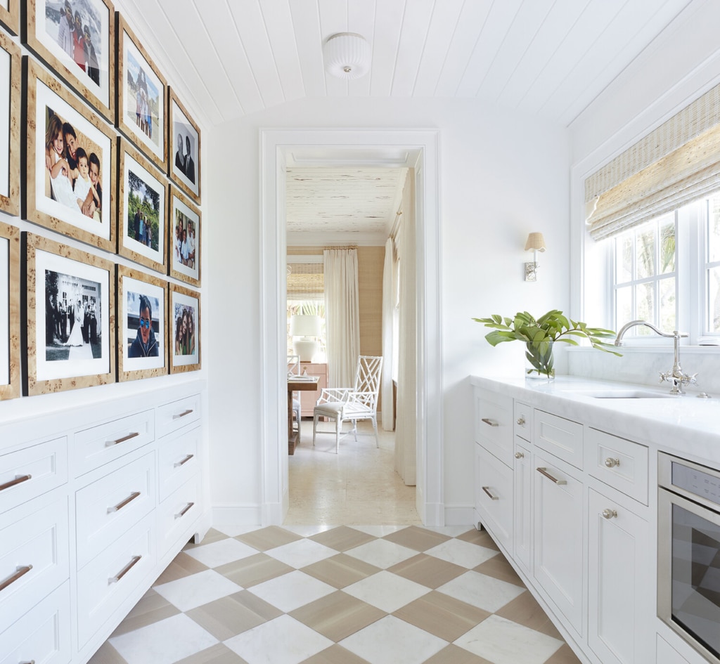 Kara Miller designed beach house butler's pantry with gallery wall in burl wood frames
