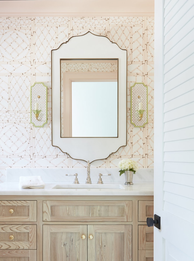 Kara Miller interiors bathroom with pink and white wallpaper