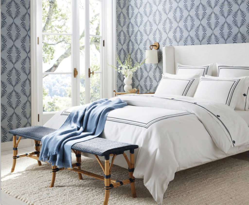 Serena & Lily new arrivals white bedding and wallpaper