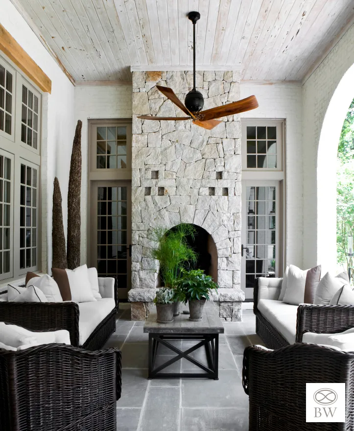 Beth Webb Interiors | Erica George Dines, porch, covered porch, fan, stone fireplace
