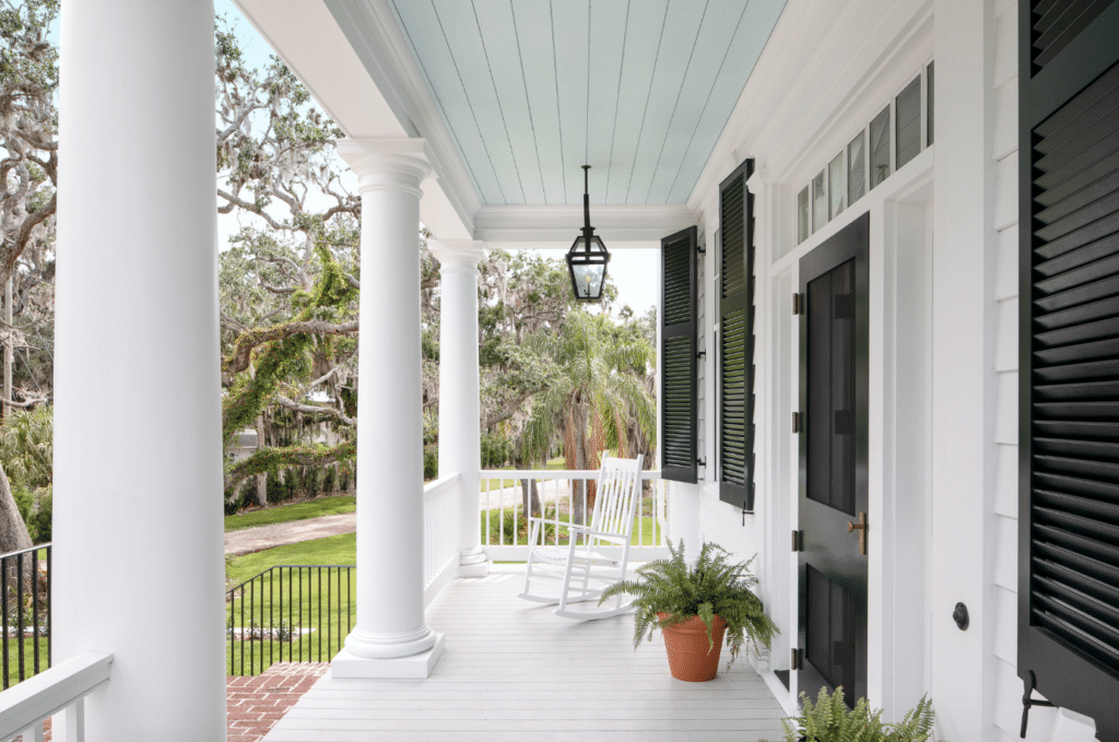 curb appeal front porch with haint blue ceiling