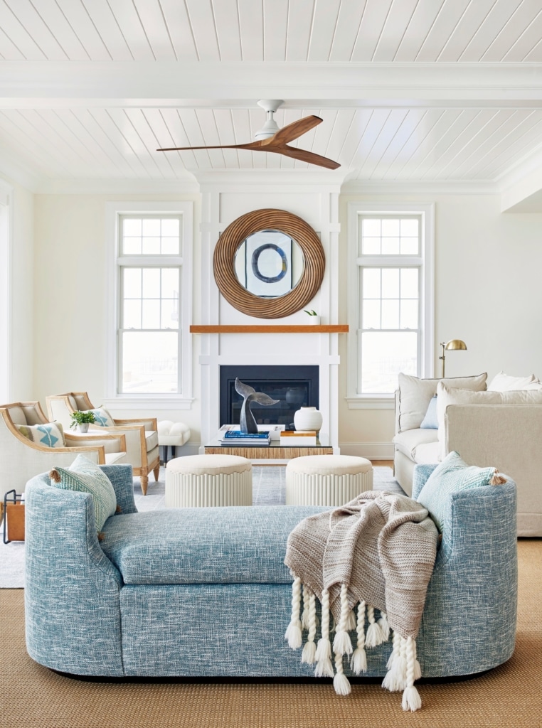 Toledo Gellar blue and white living room with Kenian round mirror