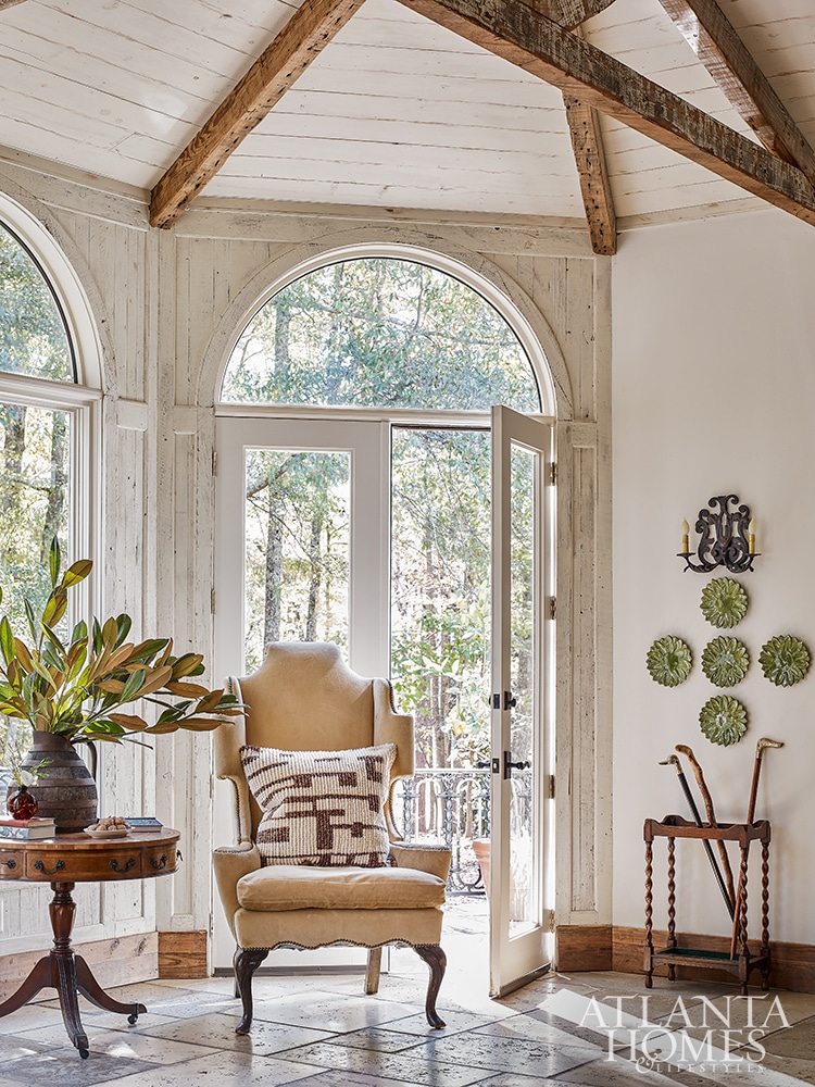 country house breakfast room with shiplap and beams