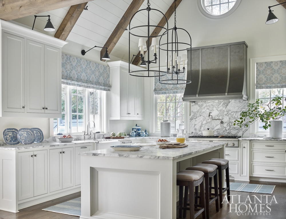 Lauren deloach kitchen in blue and white with beams