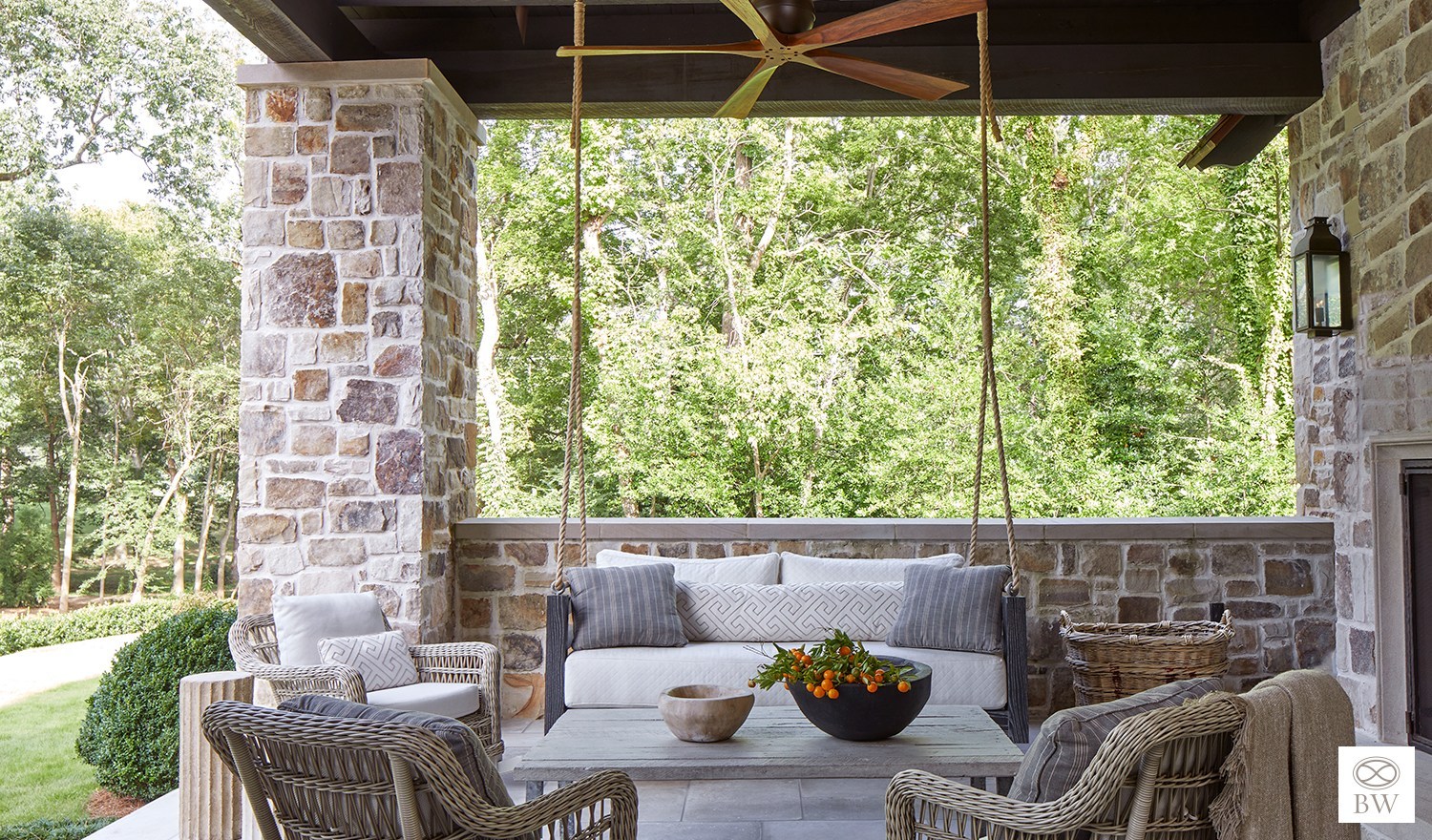 Jeffrey Dungan architect Beth Webb Interiors Jean Allsopp Photography with stone porch and hanging swing in Birmingham