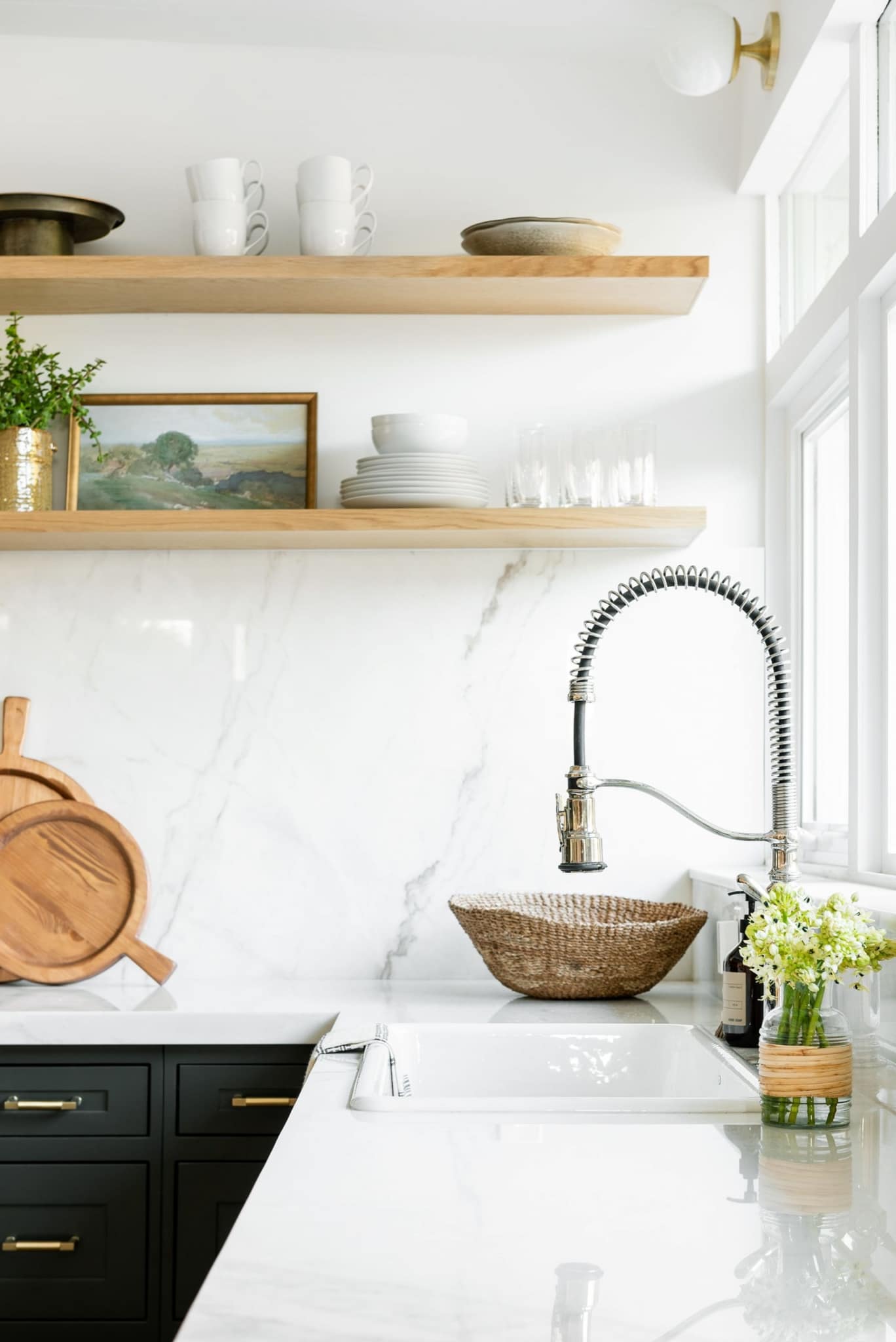 - studio mcgee \ kitchen, kitchen essentials, kitchen design, marble open shelving, wood shelves, Luch Call photography