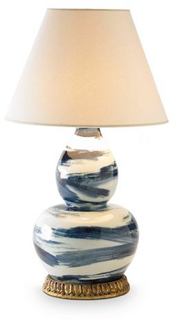Bunny Williams brushstroke lamp from One Kings Lane - Bunny Williams designs - blue and white - blue and white lamp - green