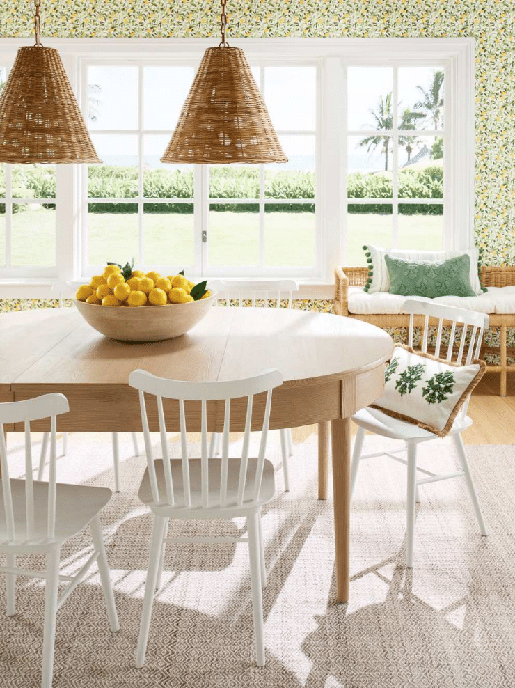 Breakfast room - dining room - wallpaper - round table - round dining table - Serena & lily - wicker pendants - beguiling