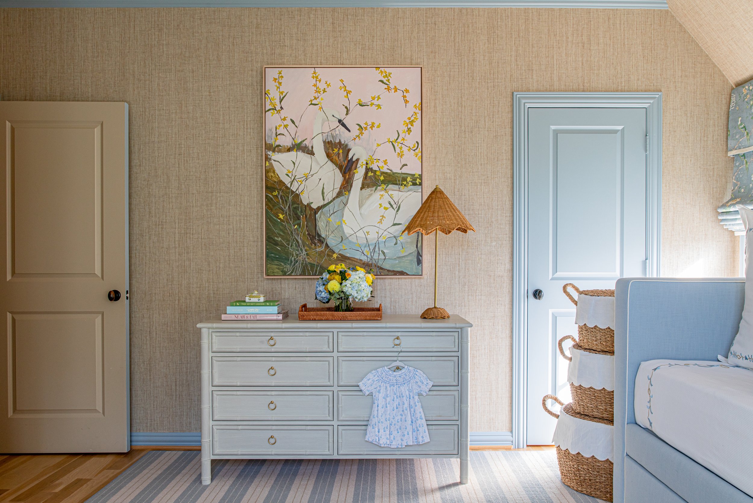 Lindley Arthur Interiors dining room -Emery Davis Photography Lindley Arthur Interiors - nursery with baskets and swan art