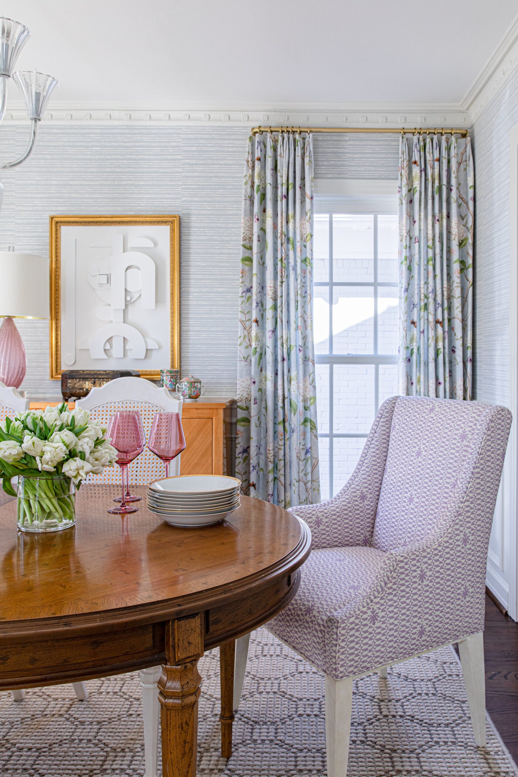 beautiful dining room with lavender chairs and stripe wallpaper -Emery Davis Photography Lindley Arthur Interiors - beautiful interiors