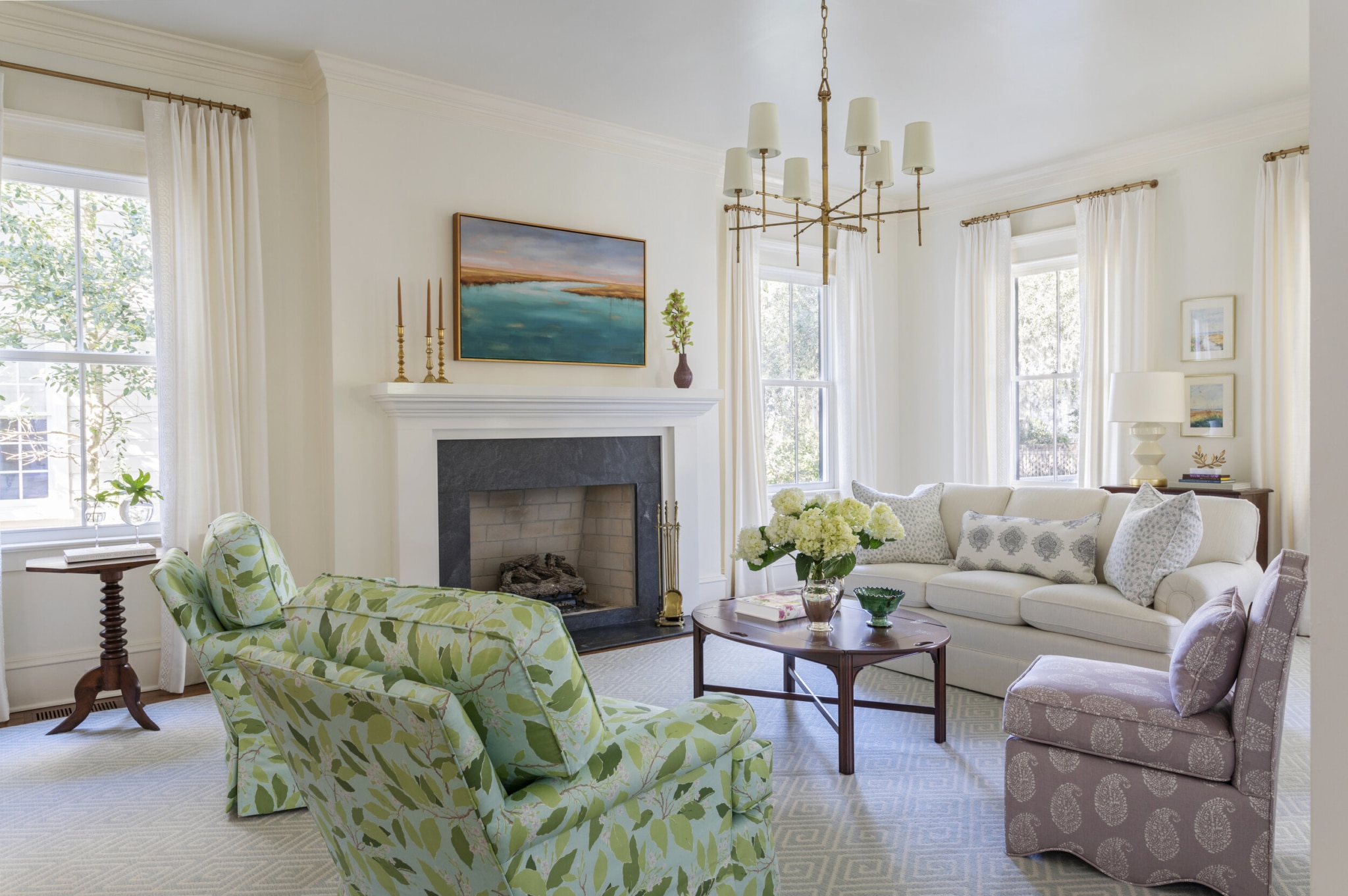 Allison Elebash Design | Julia Lynn Photography Mount Pleasant home - living room with white drapes 