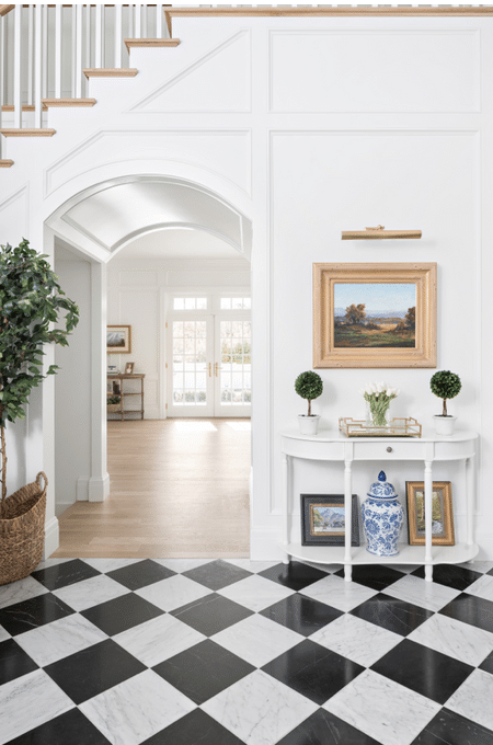 The Fox Group | Scott Davis Photography White Colonial House foyer with black and white floor