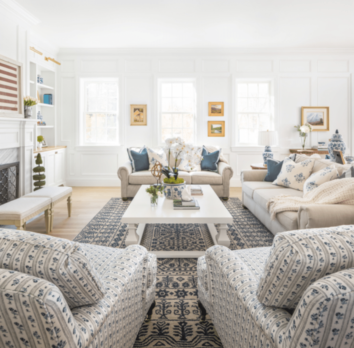 The Fox Group | Scott Davis Photography White Colonial House living room in blue and white