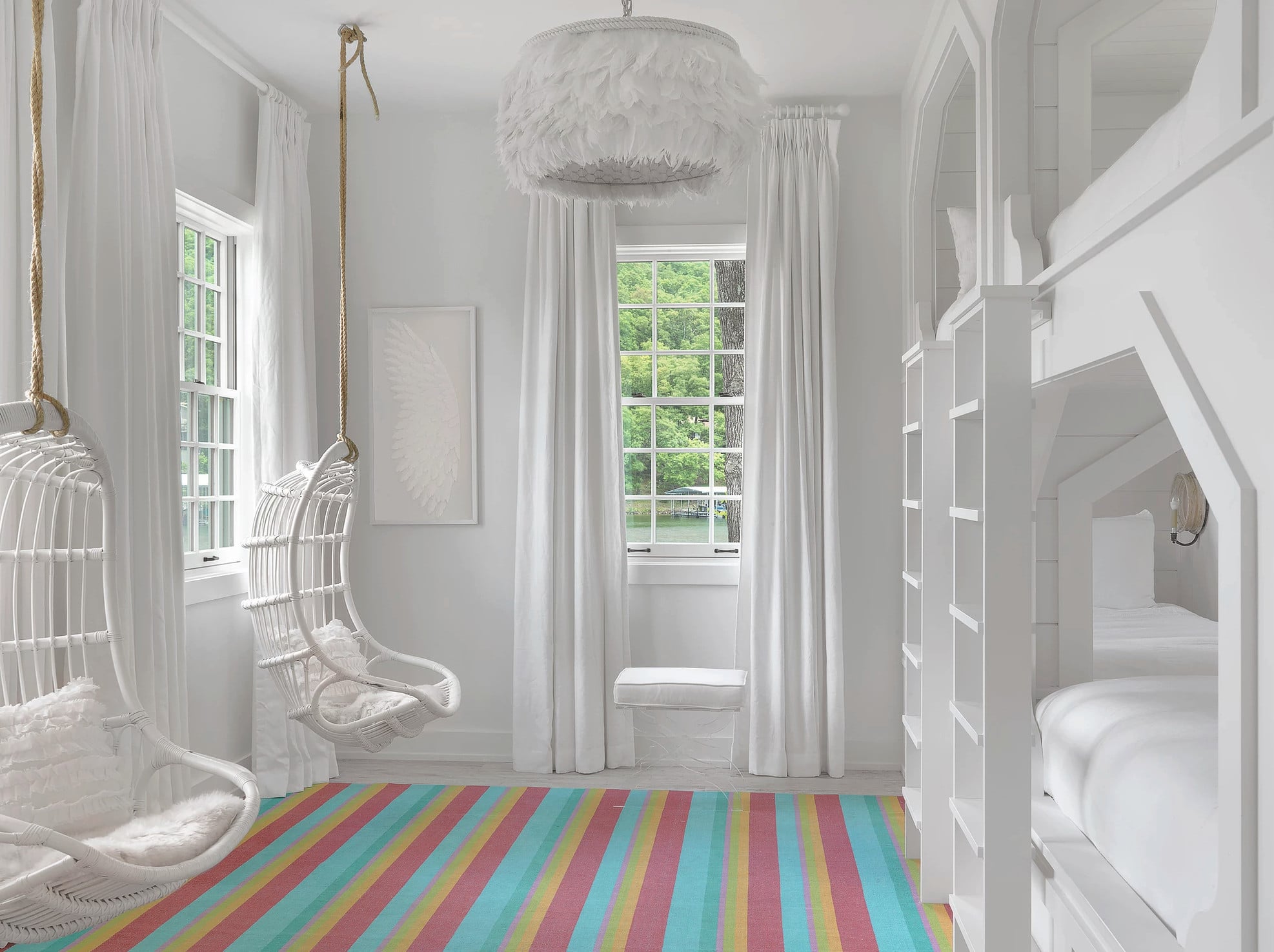 Nantucket house tour by Amy Studebaker Interior Design - Alise O'Brien Photography bunk room with stripe rug