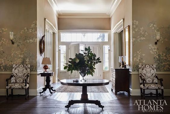 Southern Sophistication - 19th Century Estate in Atlanta Homes and Lifestyles | Interiors:  Susan Lapelle, Lapelle Interiors | Landscape Design:  Carson McElheney Landscape Architecture & Design | Photography: Emily Followill foyer with round table