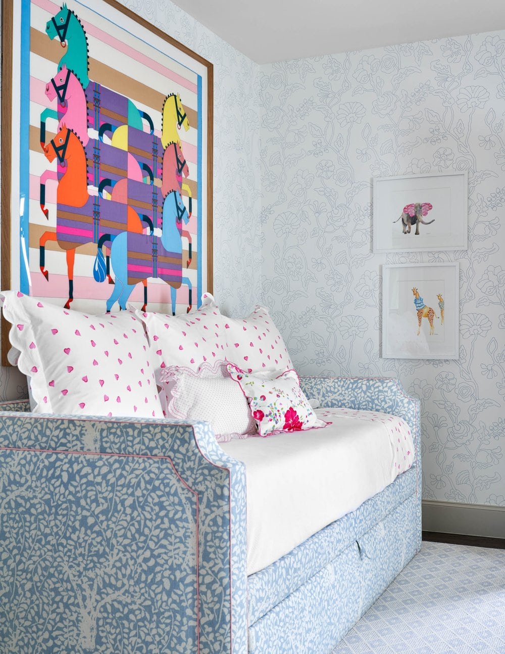 Delightful Dallas home from Designer Mary Beth Williams | Photography Nathan Schroder. Love the girl's bedroom with the colorful art and daybed