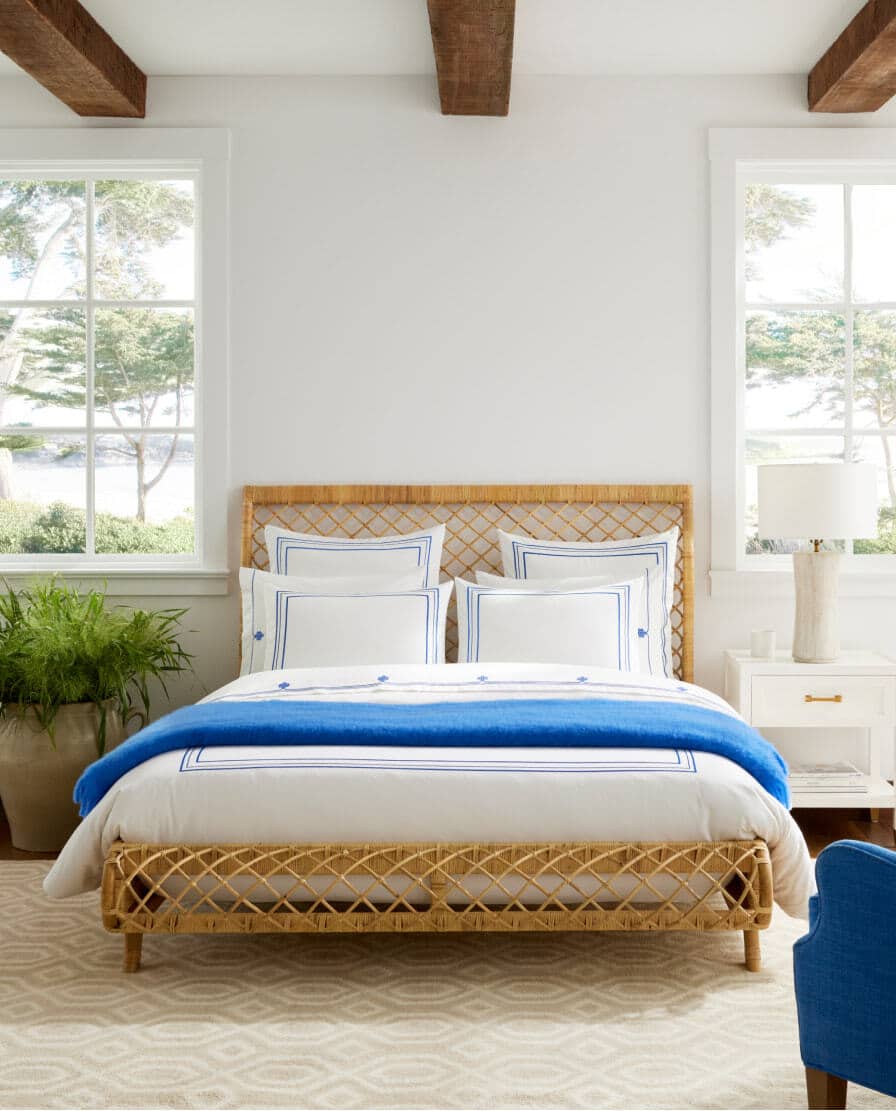Blue and white bedroom with wood beams. Love the texture of the Avalon bed - bedroom ideas - bedroom design - bedroom decor - delightful