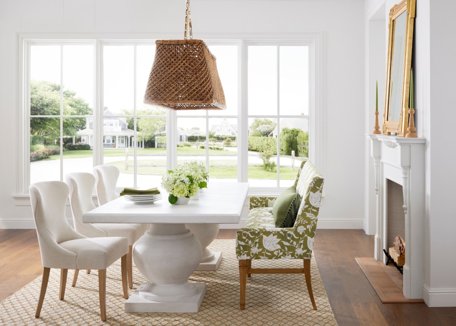 Love the Serena & Lily dining room with the awash in color dining bench seating and the wicker chandelier that adds great texture. | dining | dining table | dining room decor | dining room design | dining room ideas