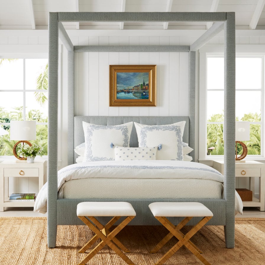 Love this blue raffia canopy bed from Serena & Lily and the blue and white bedding is the perfect complement. bedroom | bedroom decor | bedroom design | bedroom ideas | art | beach house decor | beach house | La Jolla