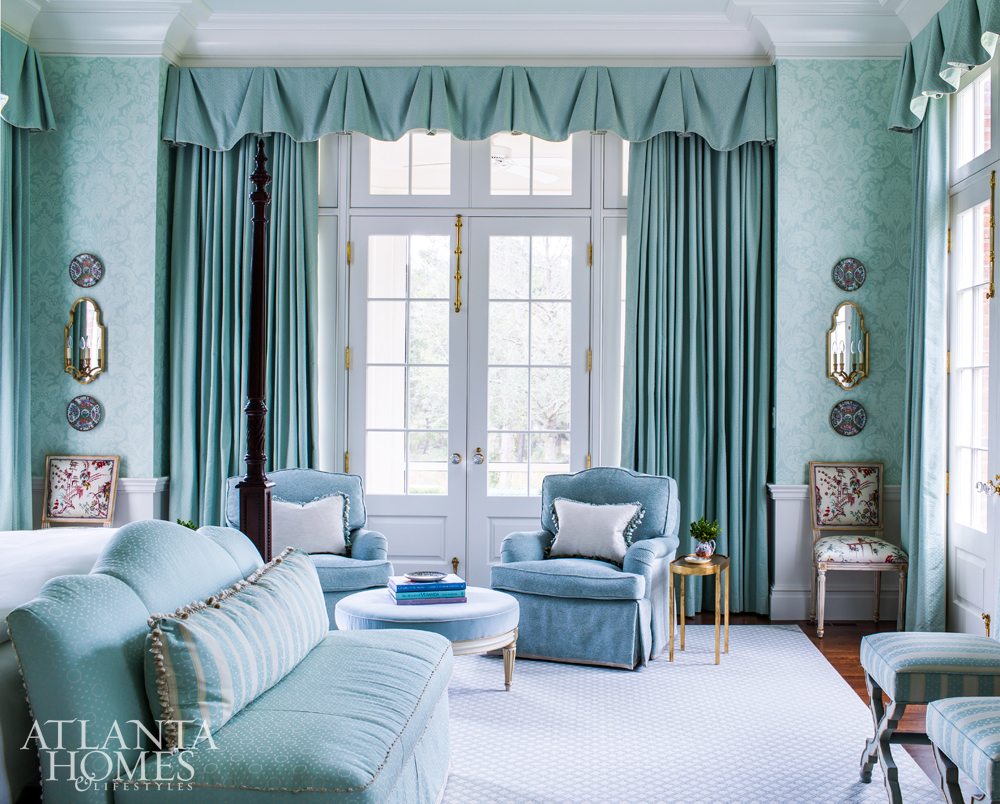 Source: Atlanta Homes & Lifestyles | Architect: C. Brandon Ingram | Interior Design: Mallory Mathison | Photography:  Jeff Herr - extraordinary blue and white bedroom | bedroom design | sofa at end of bed | bedroom remodel | bedroom ideas
