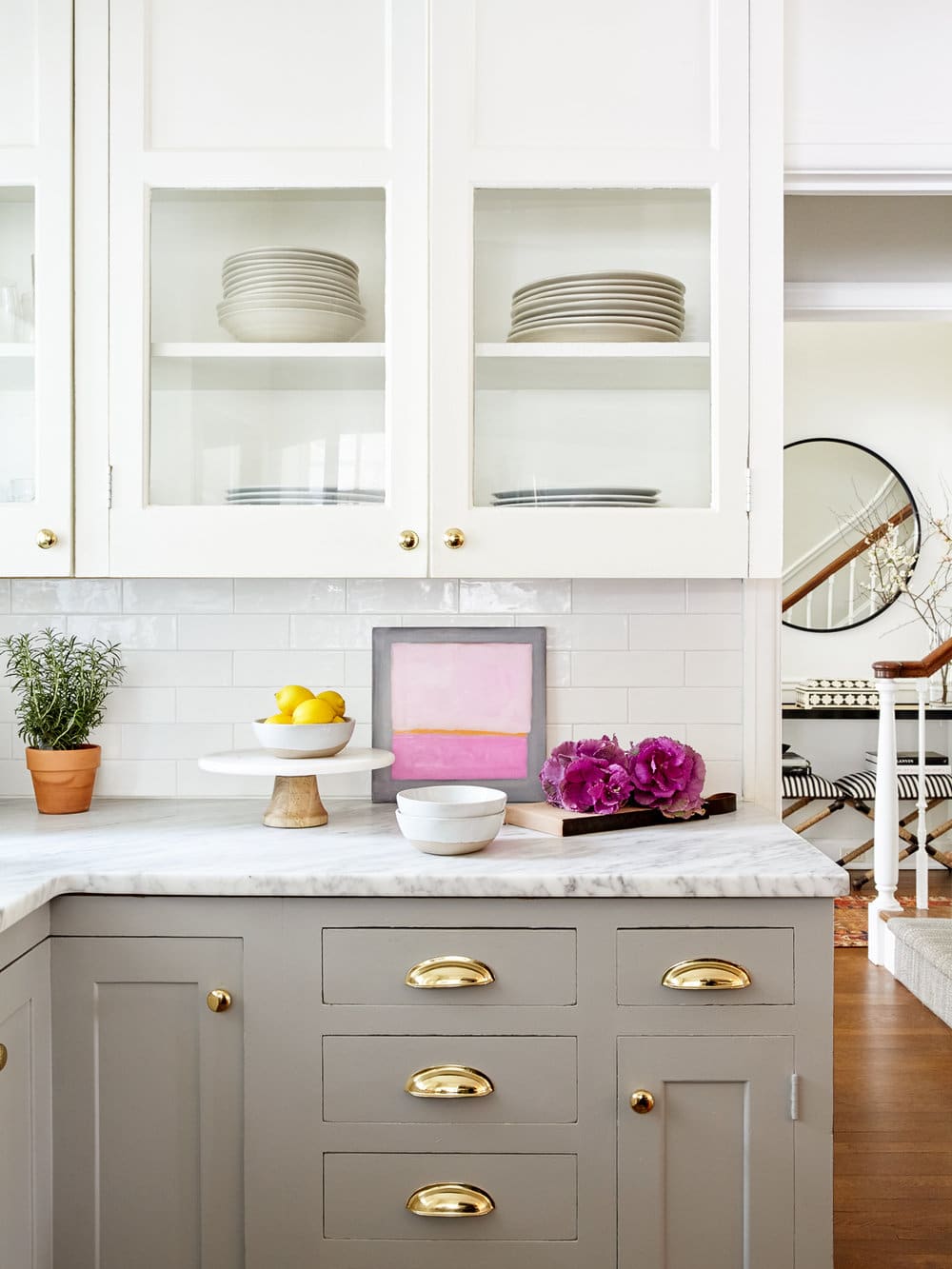 Stephanie Kraus Design - Photography @kylesmithborn - beautiful kitchen gray cabinets with brass hardware - kitchen decor - kitchen design 