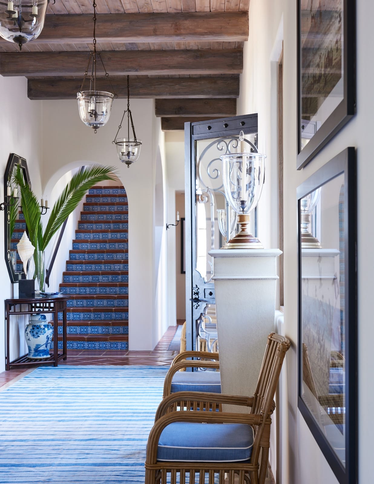 Mark D. Sikes Interior Design - Amy Neunsinger Photography - memorable entry - vloyer - blue and white - wood beams -welcome