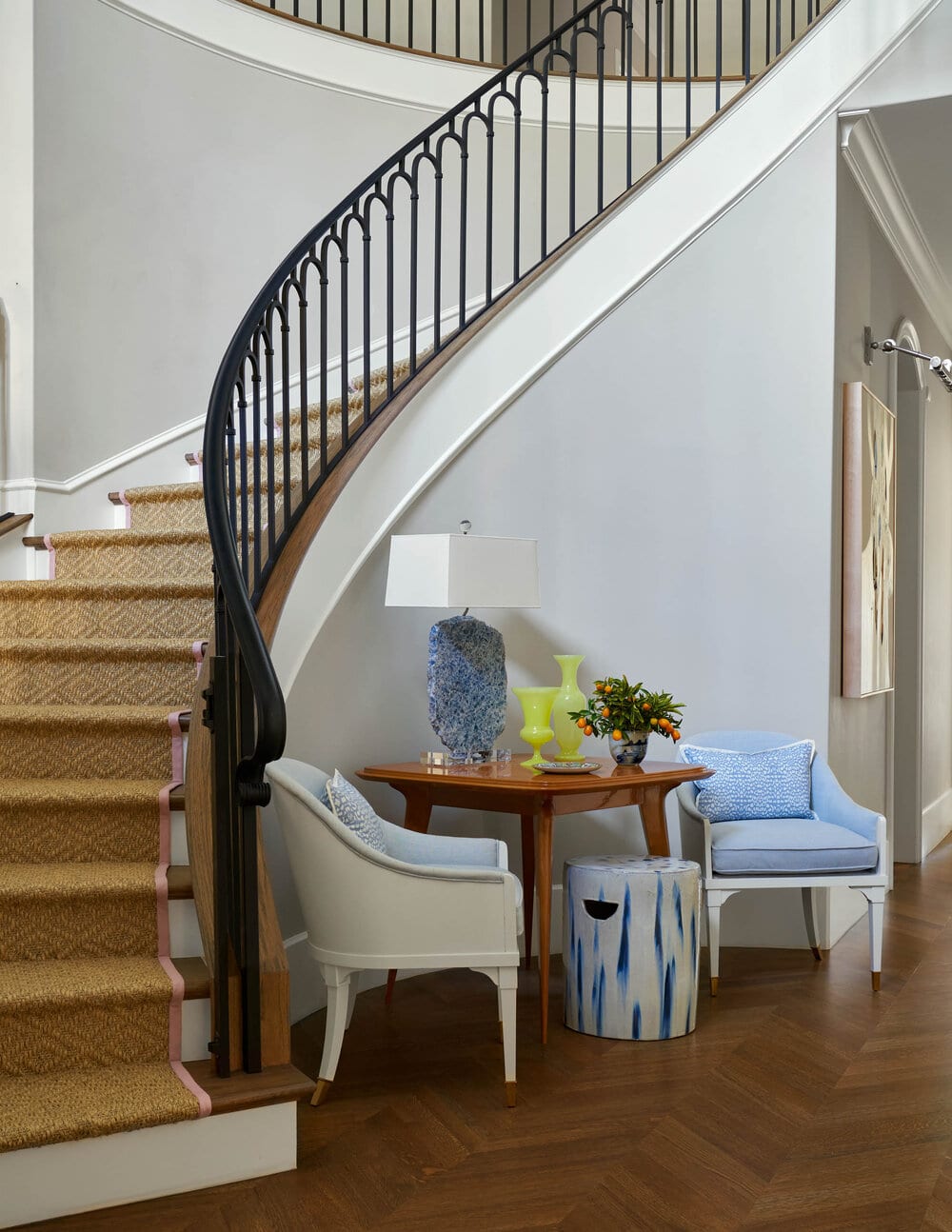Mary Beth Wagner Interiors - Nathan Schroder Photography - pair of chairs - curved staircase - memorable foyer - entry