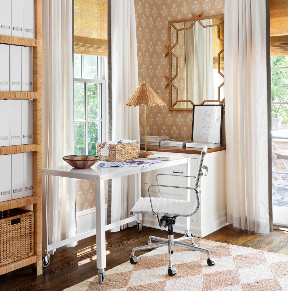 Serena and Lily home office with raffia bookcase - love the lamp with the raffia shade - office - wallpaper