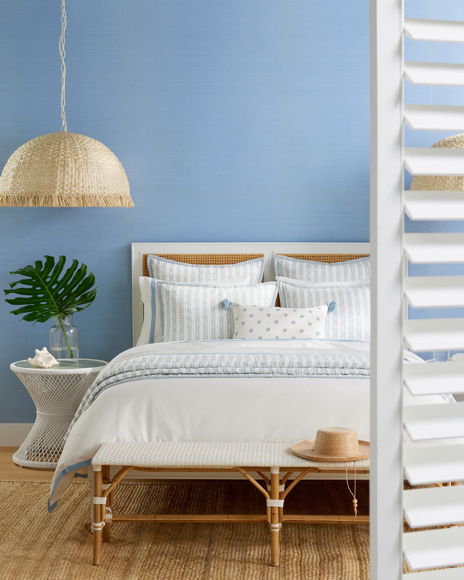Serena & Lily in blue and white bedroom - seagrass chandelier - elegant bedroom - bedroom decor - bedroom design