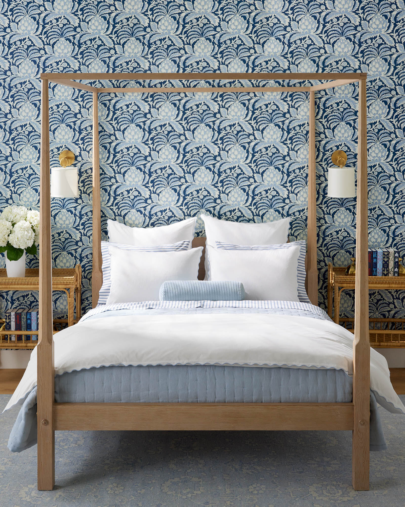 The most gorgeous canopy bed from Serena & Lily - perfect for you primary or guest room. Sophisticated Blue and white bedroom - bedroom decor - bedroom design