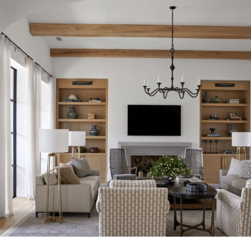 Morgan Farrow Interior Design - Nathan Schroder Photography - elegant living room - wood beams - living room decor - living room design 