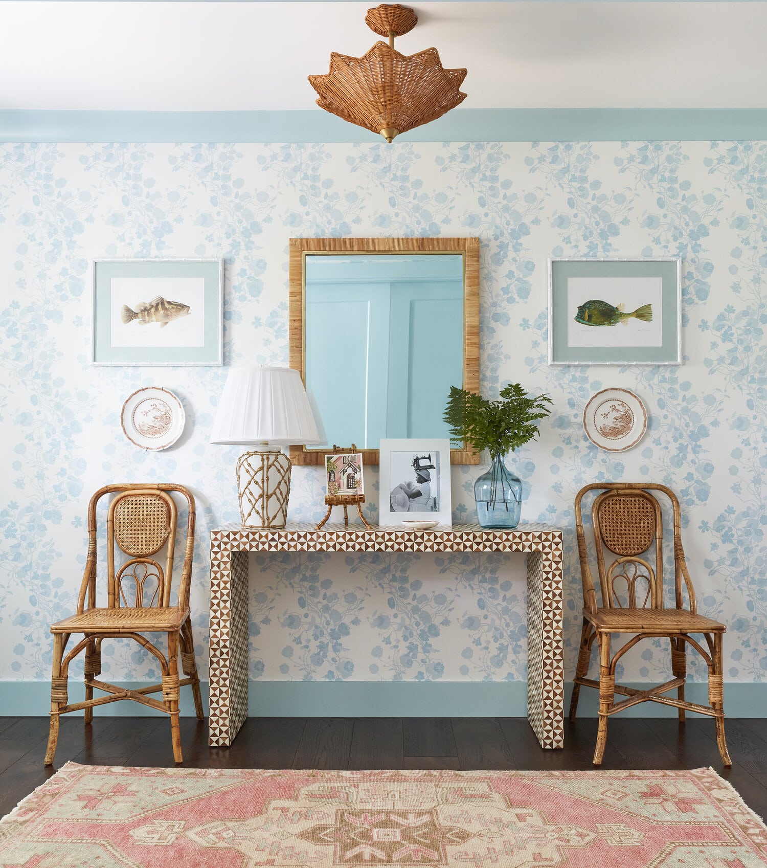 Turtle Creek beach house designed by Kara Miller | Brantley Photography - blue and white wallpaper - bamboo - bamboo chairs 
