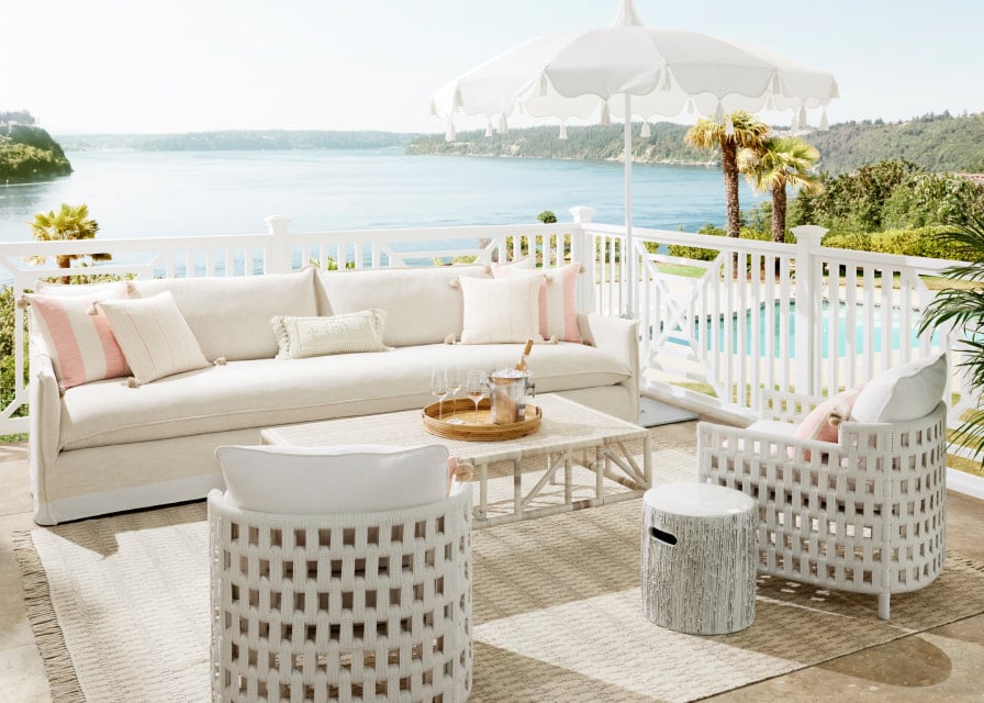 Serena & Lily porch in pink and white - outdoor area - outdoor rug - outdoor furniture