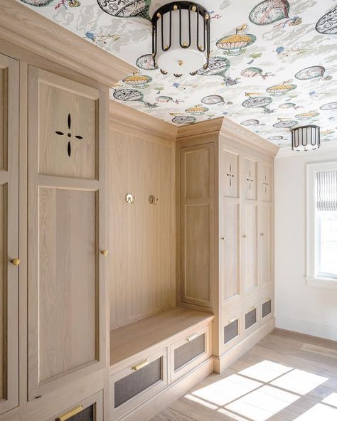 mudroom designed by The Fox Group - Lindsay Salazar Photography - wallpaper on the ceiling