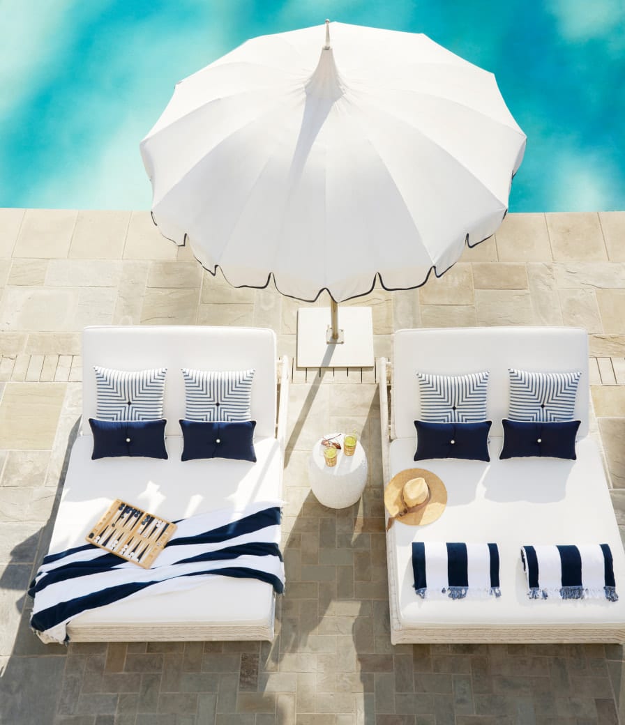 Outdoor Living with Serena & Lily - beach umbrella - blue and white - stripes - beach towels